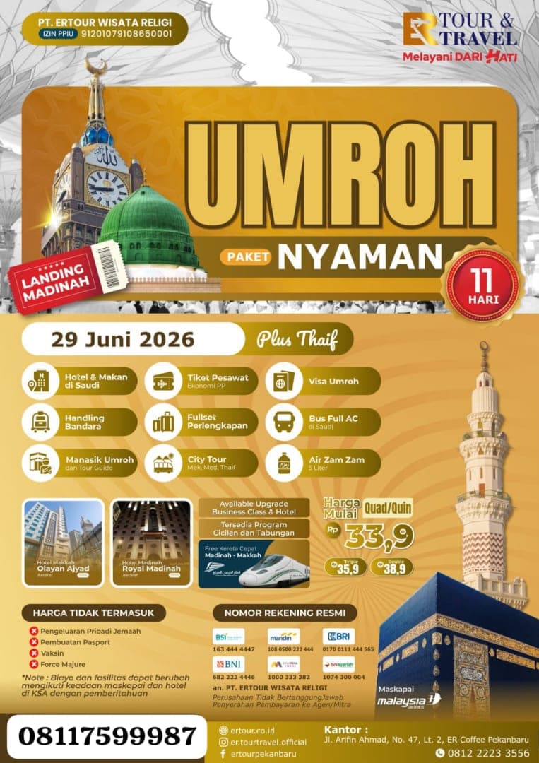 ✈️ Paket Umroh Nyaman 11 Hari Berangkat 29 Juni 2026, PT Ertour Wisata Religi Hadirkan Program Plus Thaif - Artikel Umroh oleh Tripbaitullah